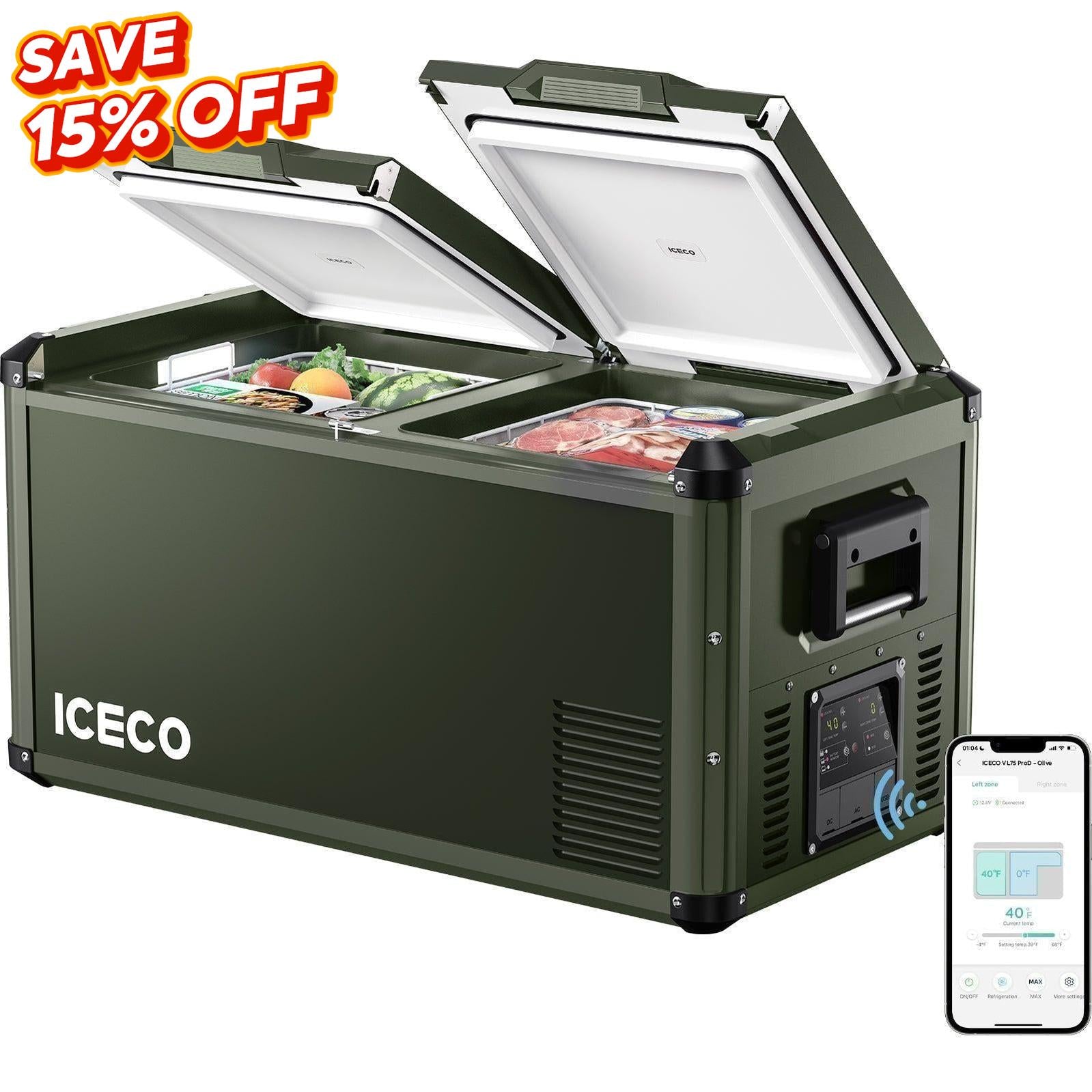 79.2QT VL75ProD Olive 12V Heavy Duty Metal Fridge Freezer| ICECO-Portable Fridge-www.icecofreezer.com