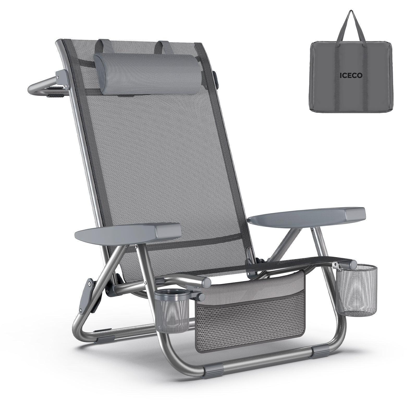ICECO Bora Beach Chairs for Adults, 5 Positions Reclining & Folding Beach Chair with Headrests, Backpack Beach Chair with Backpack Straps & Storage Bag for Beach, Pool, Patio