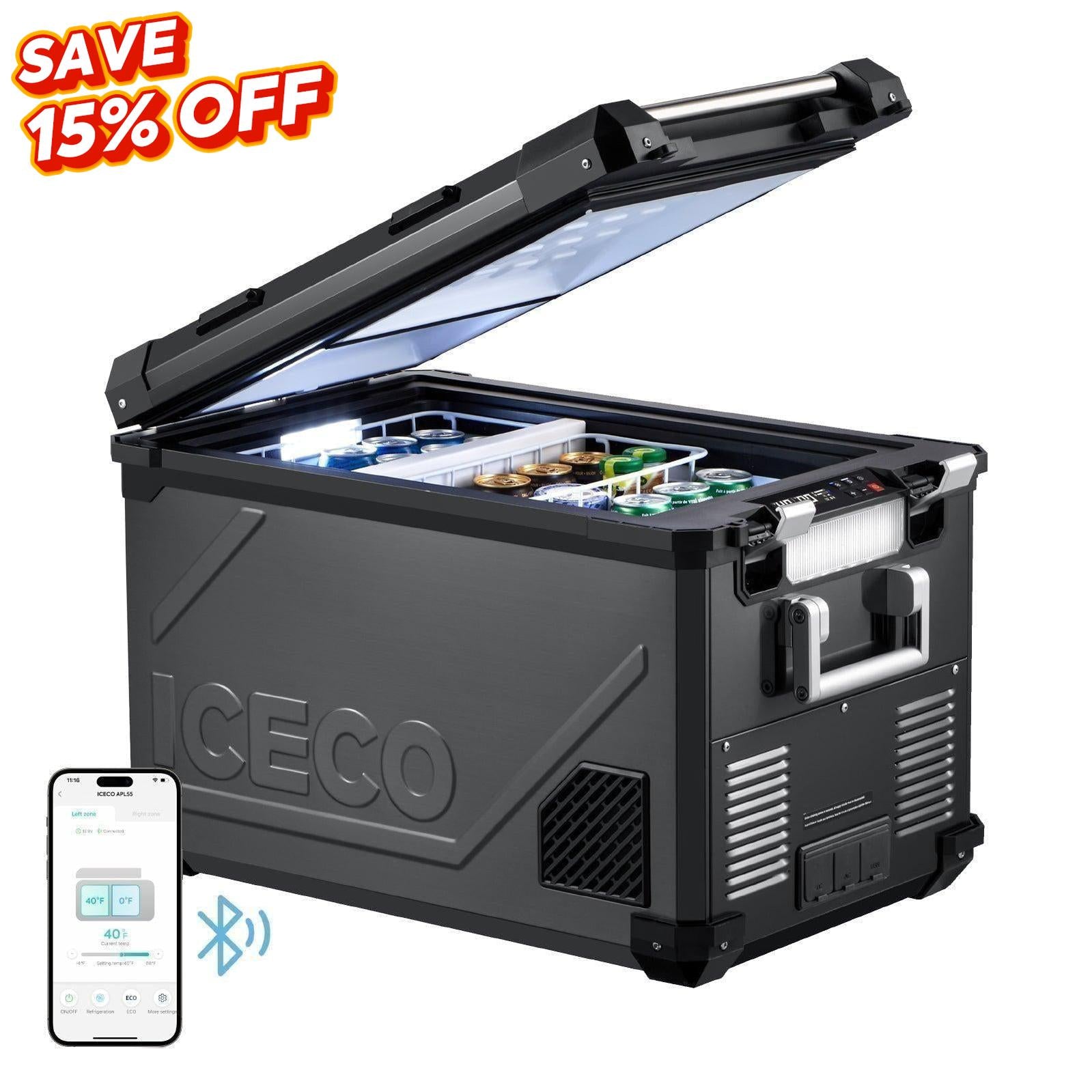 ICECO APL55-Black  58Qt dual zone fridge freezer, portable fridge for camping and overland adventures, ideal for long-term RV use-www.icecofreezer.com