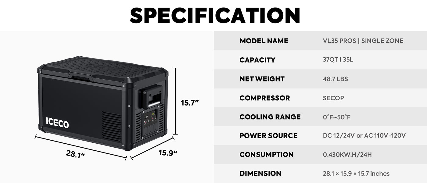 ICECO VL35ProS 12v refrigerator, 37Qt/35L Portable Freezer Powered by SECOP, Reversible&Removable Lid, 12/24V DC & 110-240V AC, 0°F to 50°F, 12v Freezer RV Car| With Slide&Battery