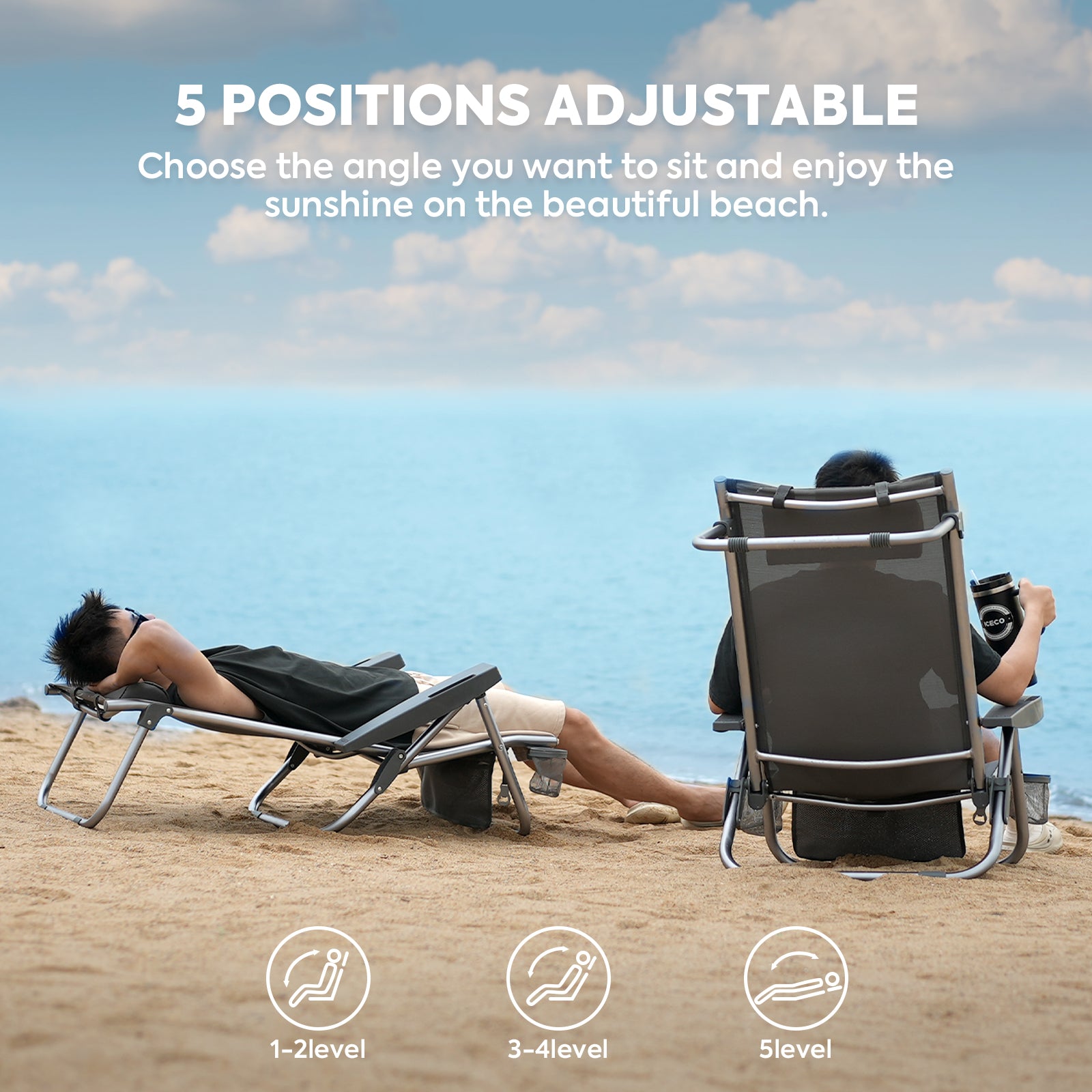 ICECO Bora Beach Chairs for Adults, 5 Positions Reclining & Folding Beach Chair with Headrests, Backpack Beach Chair with Backpack Straps & Storage Bag for Beach, Pool, Patio