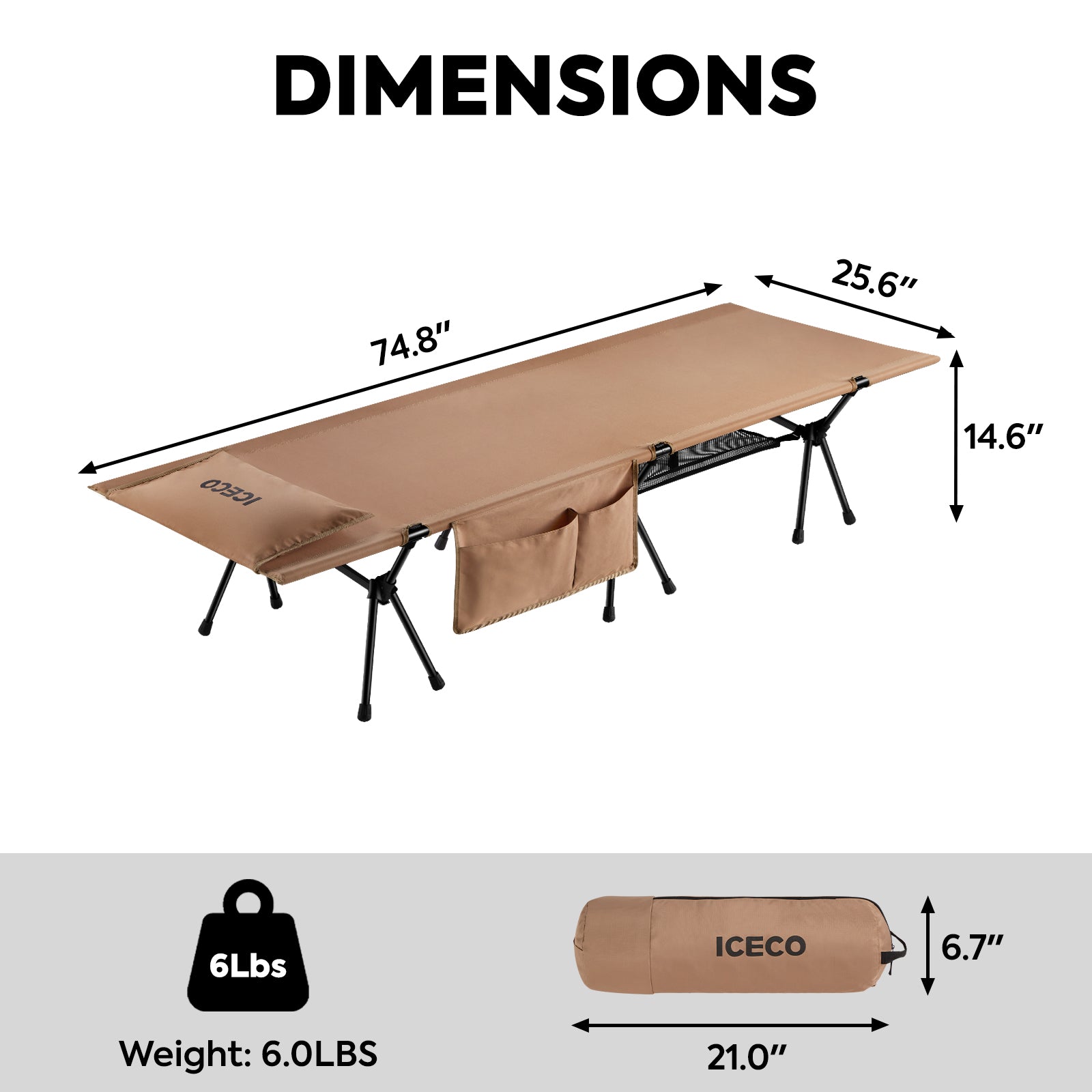 Portable L Size Camping Cot khaki | ICECO-Outdoor Gear-www.icecofreezer.com