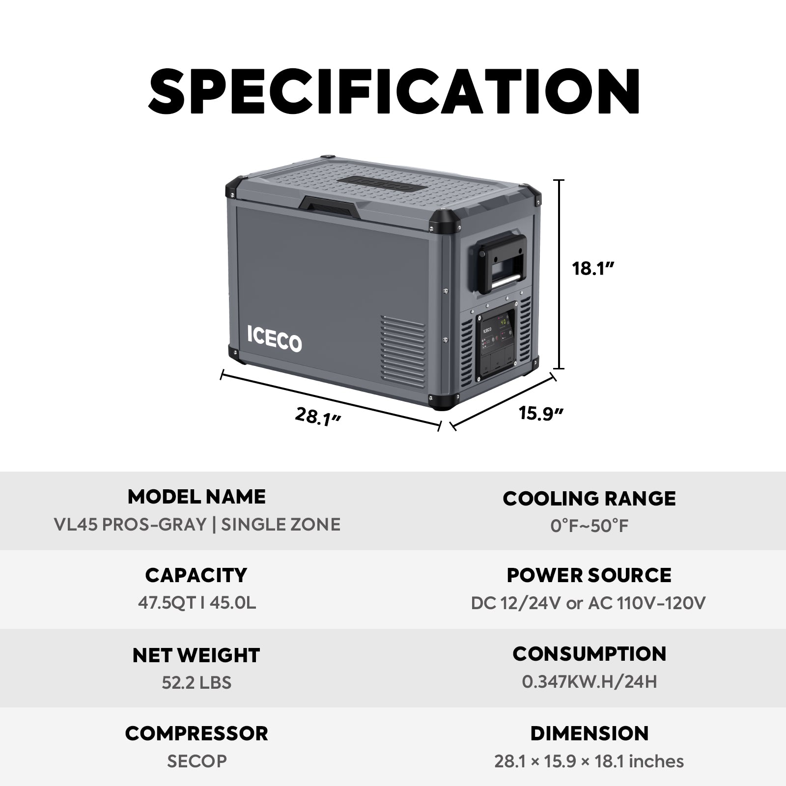 47.5QT VL45ProD Dual Zone Upgrade Portable Fridge Freezer | ICECO-Portable Fridge-www.icecofreezer.com