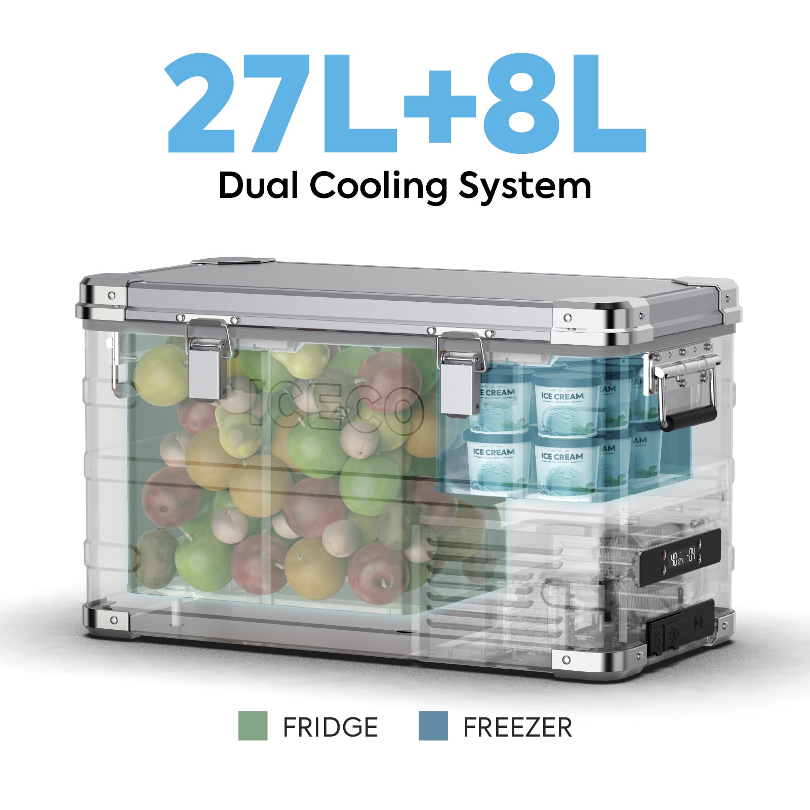 Fast-cooling dual power fridge ideal for travel, featuring a modern, sleek aluminum body.