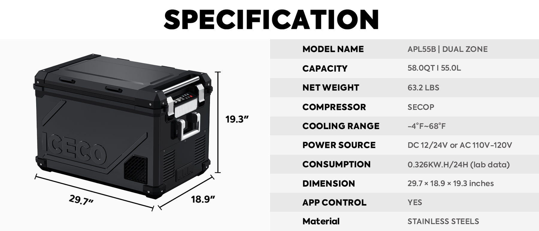 ICECO APL55 Black 58Qt Dual Zone Portable Car Fridge – Smart & Quiet ...