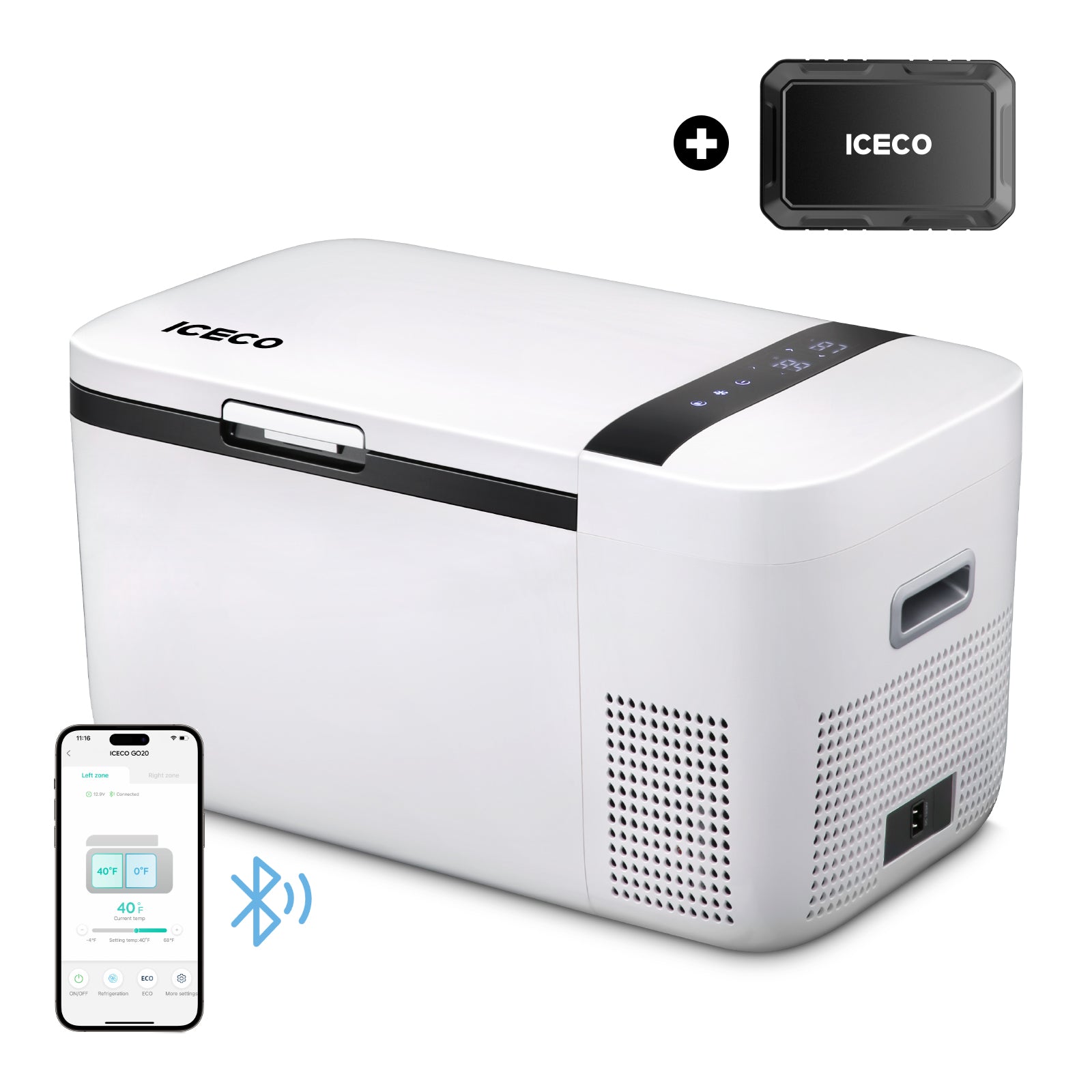 21QT GO20 Dual Zone 12V Car Fridge with Magnetic Power Bank | ICECO-Portable Fridge-www.icecofreezer.com