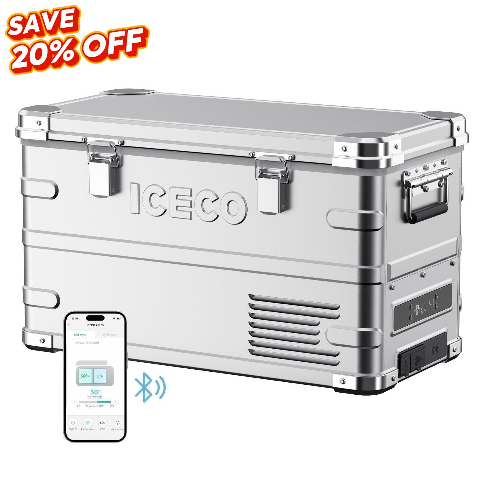 ICECO APL35 dual zone 12V portable car fridge during Fall Season Sale, perfect for camping and road trips