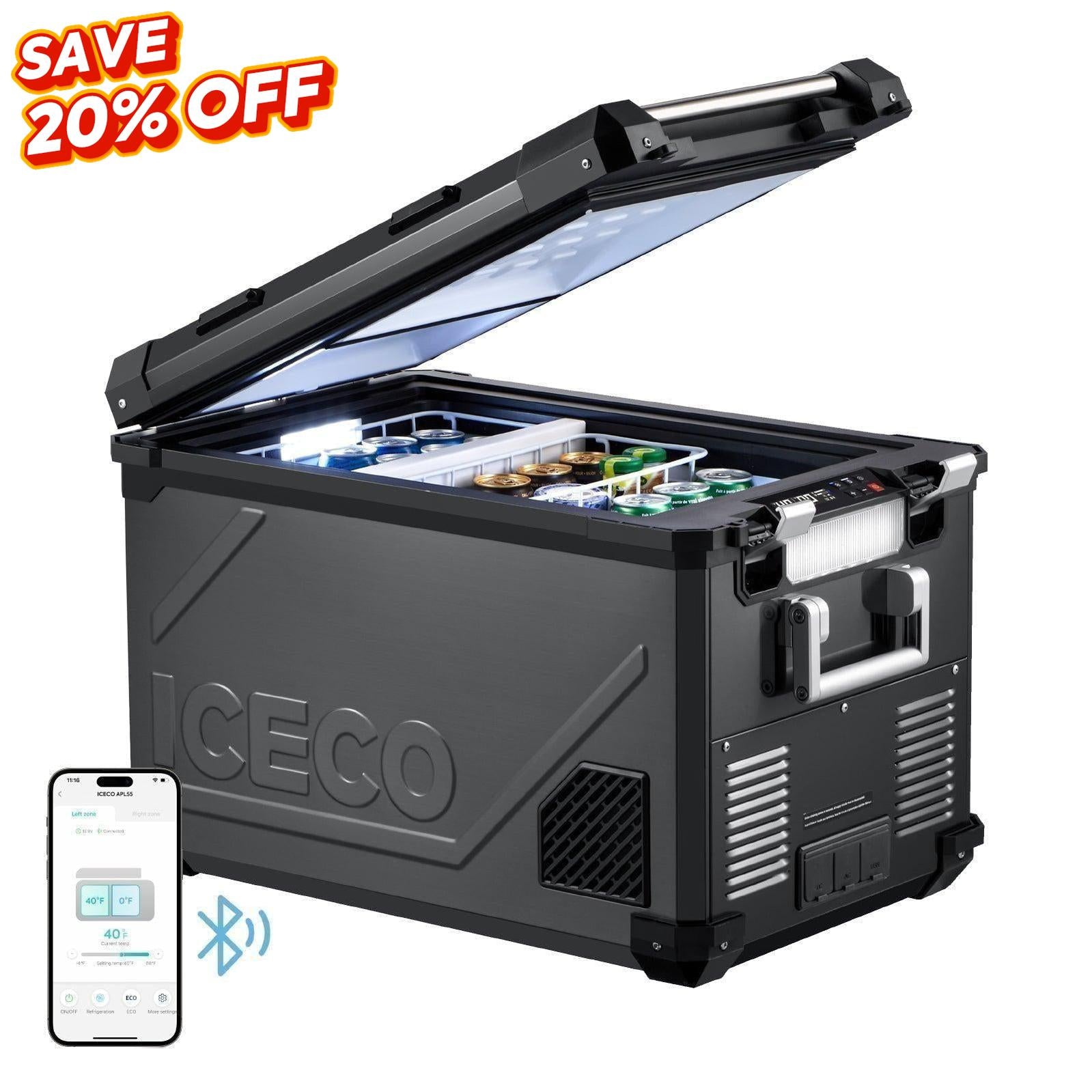 ICECO APL55-Black  58Qt dual zone fridge freezer, portable fridge for camping and overland adventures, ideal for long-term RV use-www.icecofreezer.com