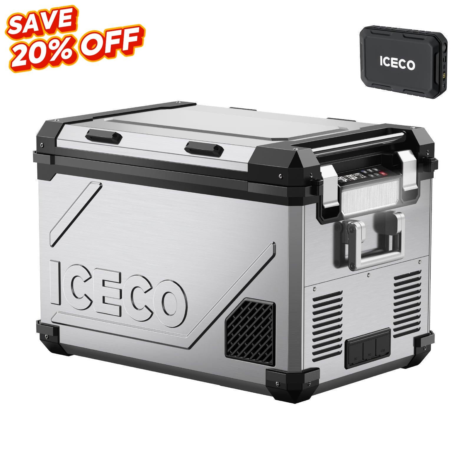 ICECO APL55 58Qt dual zone fridge freezer with stainless steel body, smart app control, large camping fridge for RV and Overland trips-www.icecofreezer.com