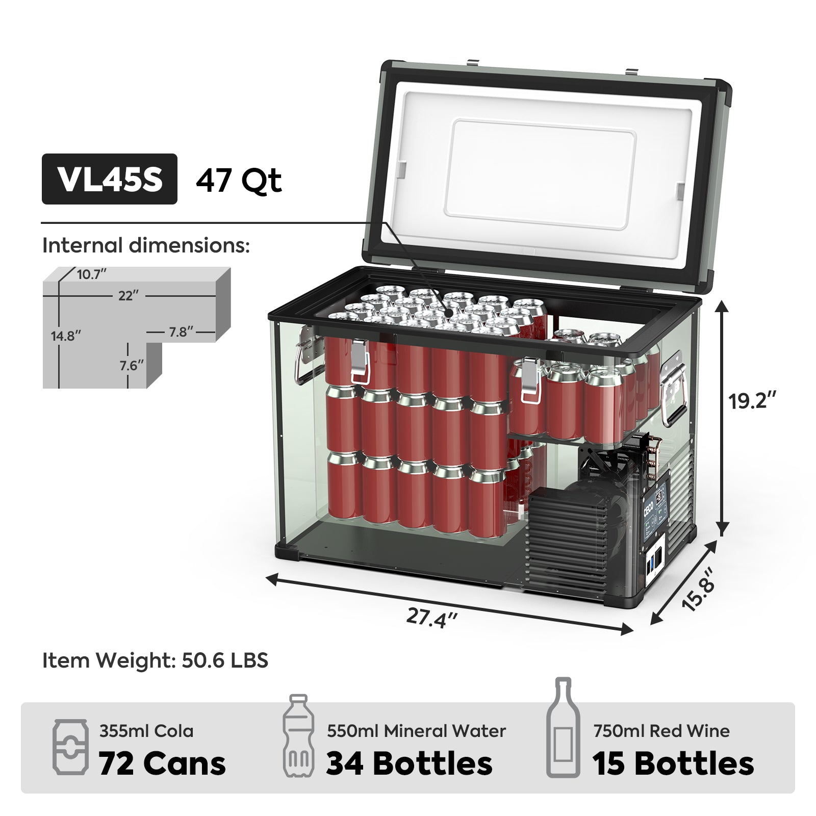 47.5QT VL45 Portable Fridge Single Zone Freezer With Magnetic Power Bank-Portable Fridge-www.icecofreezer.com