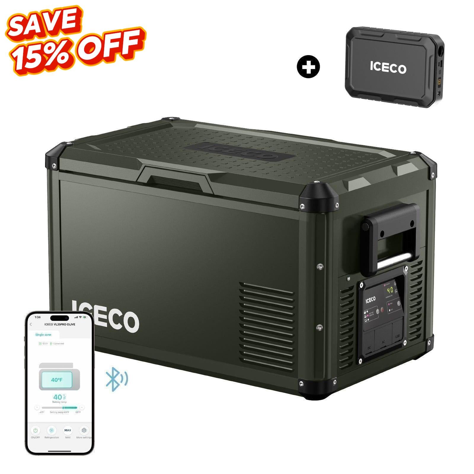 37QT VL35ProS Olive Single Zone Fridge With Magnetic Power Bank | ICECO-Portable Fridge-www.icecofreezer.com