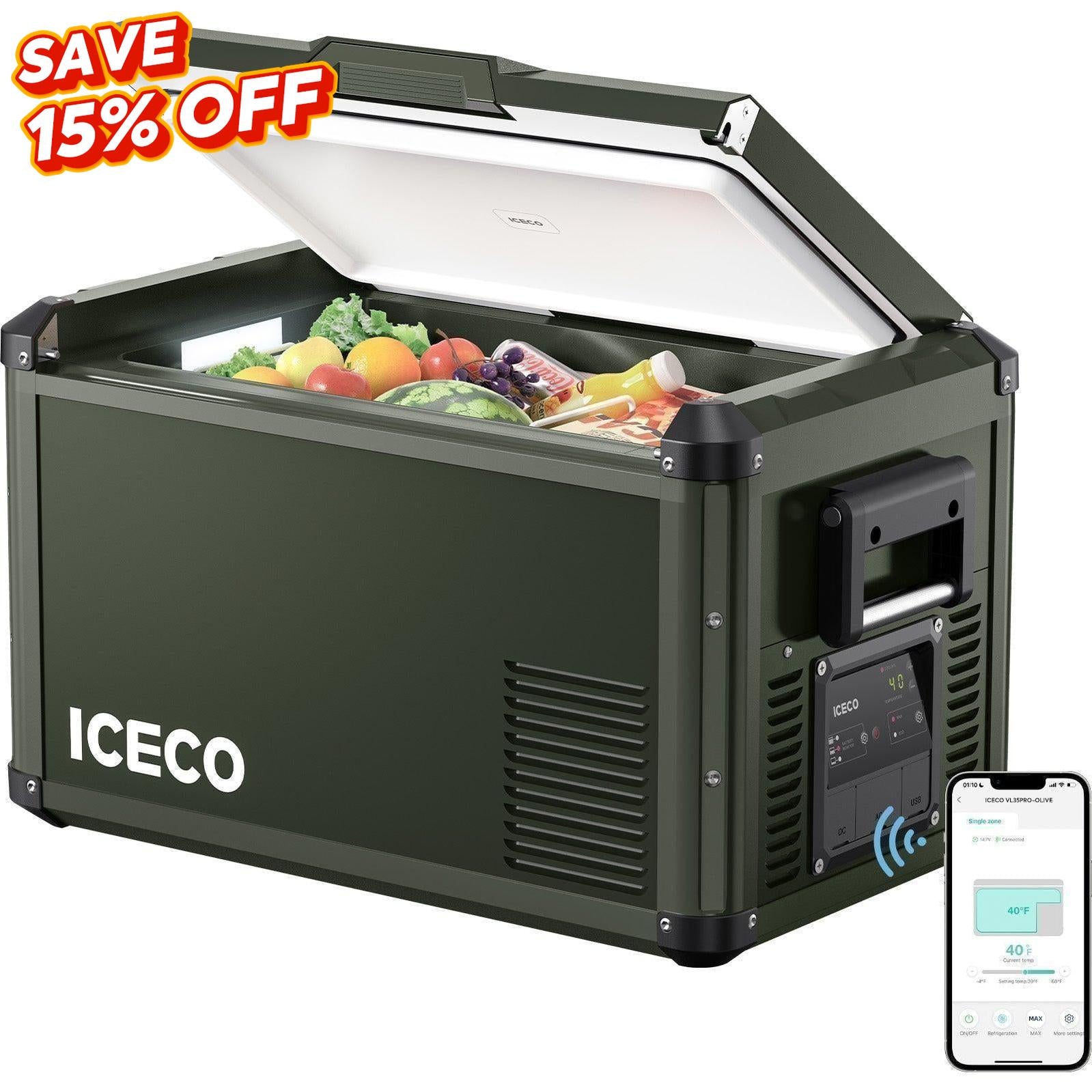 37QT VL35ProS Olive Single Zone Fridge With PB1000 Power Station | ICECO-Portable Fridge-www.icecofreezer.com