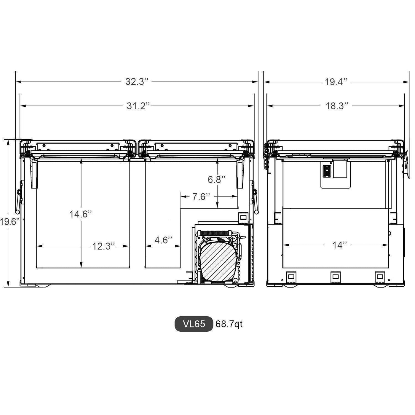 68.7QT VL65 Dual Zone 12V Fridge Portable Fridge with Insulated Cover